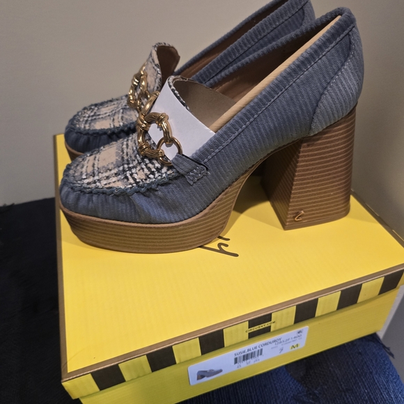 Circus by Sam Edelman Corduroy Blue and Brown Heeled Loafers - Picture 2 of 10